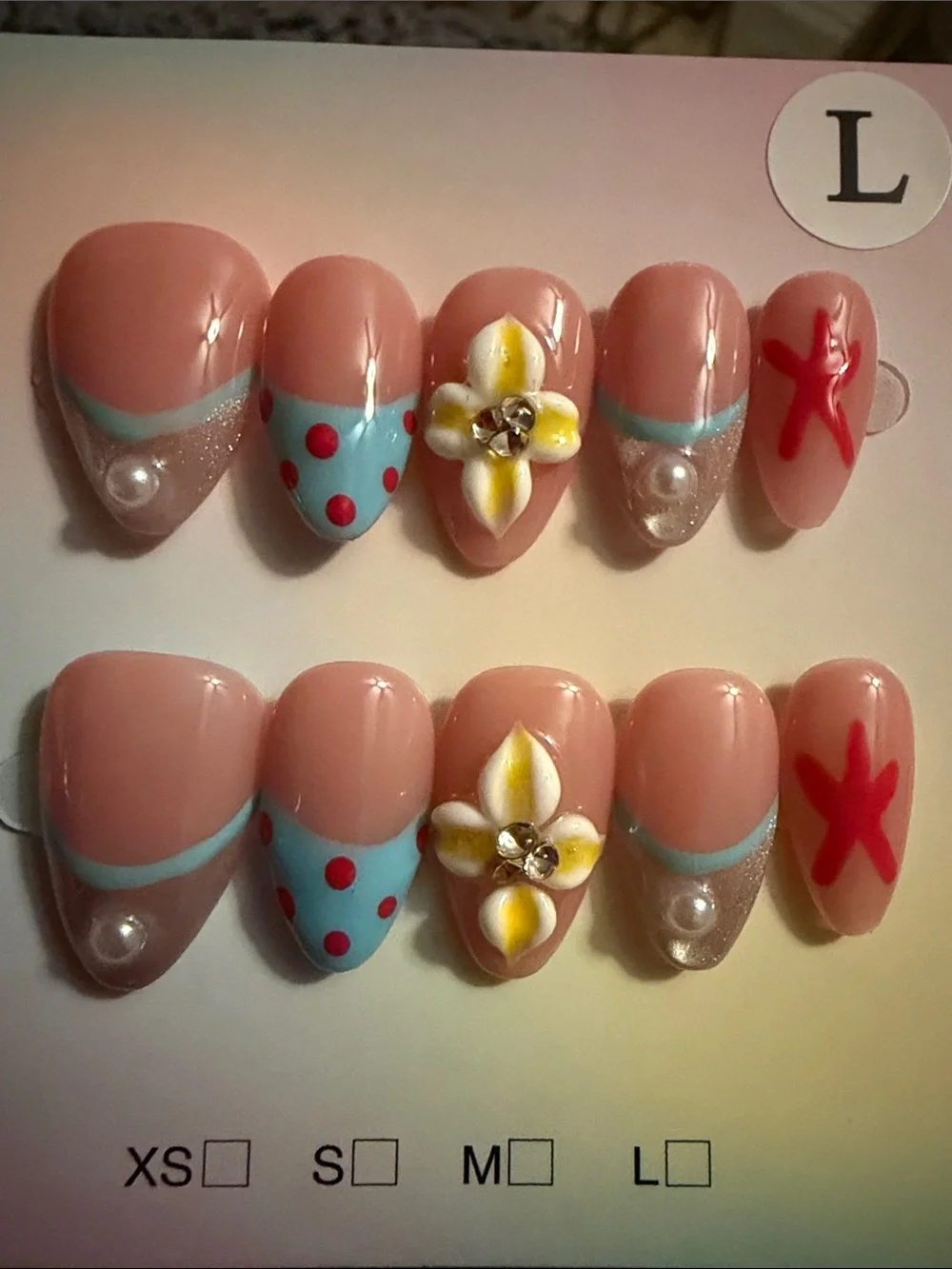 Hand-Painted Floral & Polka Dot Press-On Nail Set - Pink & Blue